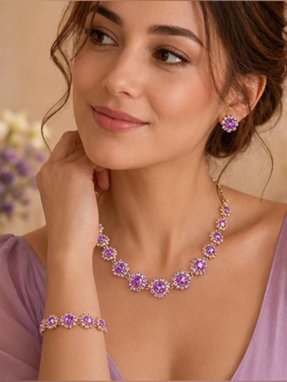 🌷 Purple Rhinestone Gold Jewelry Set 🌹 Necklace Bracelet Earrings 🌹